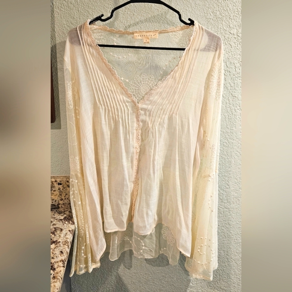 Lovestitch Sheer Lace-Trim Top in Ivory w/ bell sleeves
